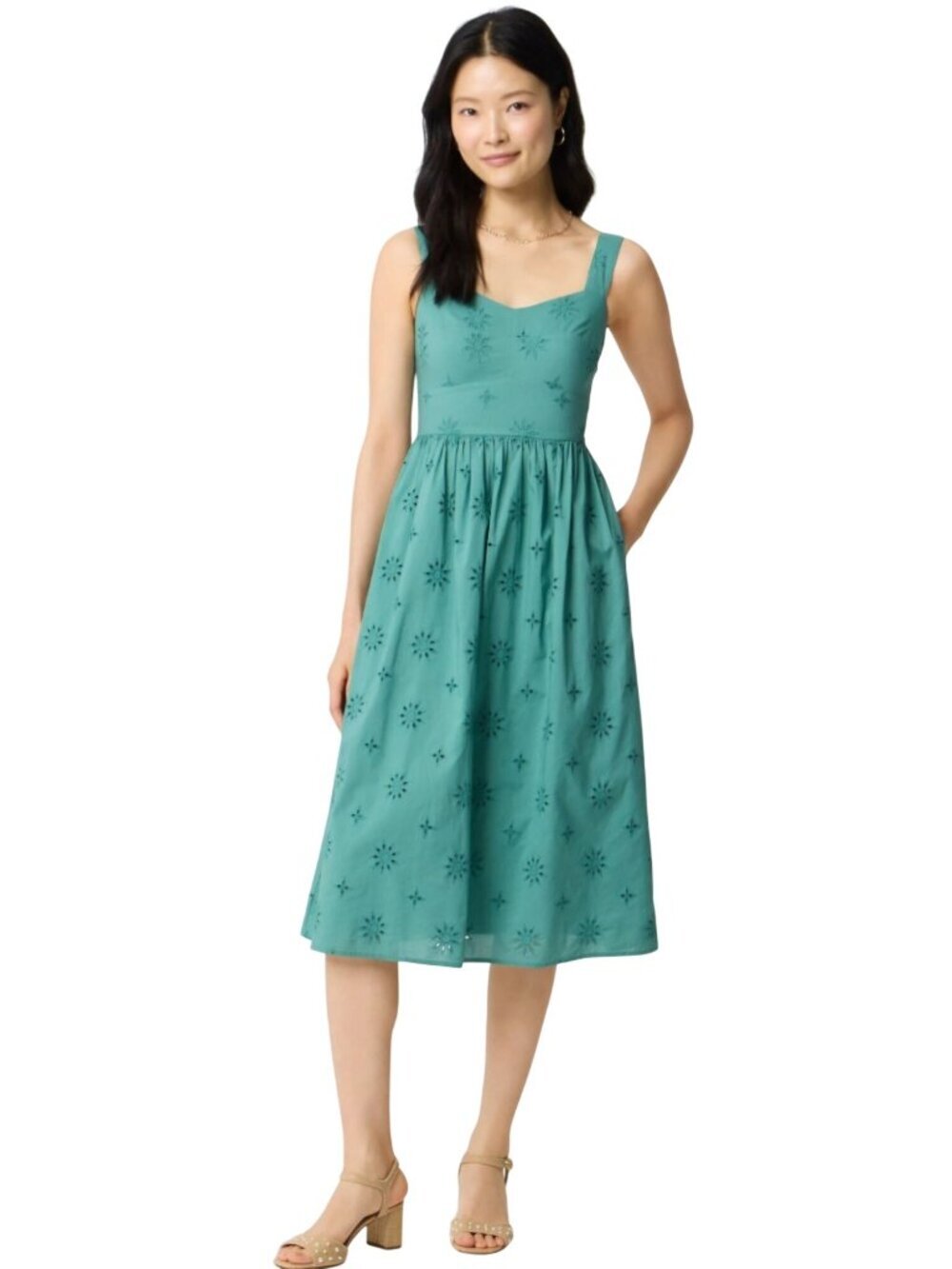 J.Crew NWT Eyelet Midi Dress Mineral Green Pockets Sweetheart Neckline Size 14